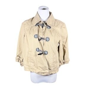 American Eagle Tan Cotton Toggle Jacket Womens Medium 3/4 Sleeve Cropped Khaki